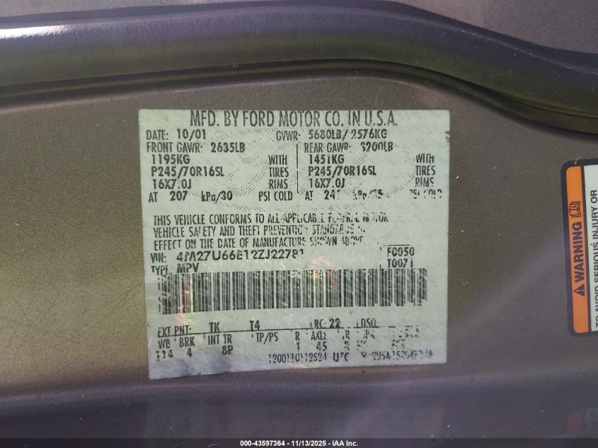 2002 Mercury Mountaineer VIN: 4M2ZU66E12ZJ22781 Lot: 43597364