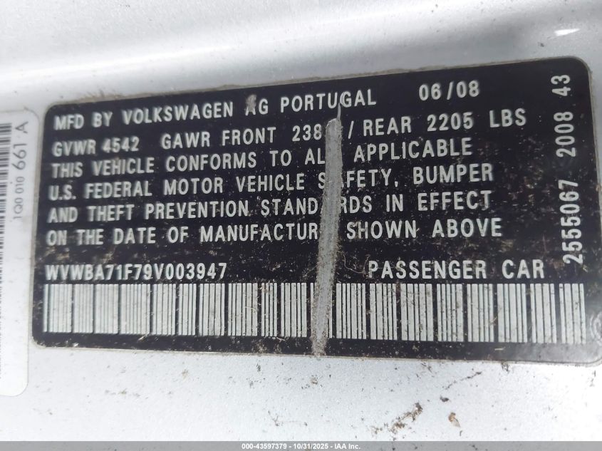 2009 Volkswagen Eos Komfort VIN: WVWBA71F79V003947 Lot: 43597379