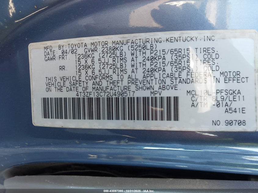 2002 Toyota Sienna Xle VIN: 4T3ZF13C72U490517 Lot: 43597385