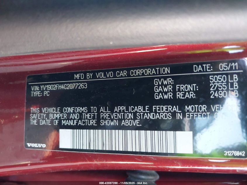 2012 Volvo S60 T6 VIN: YV1902FH4C2077263 Lot: 43597398