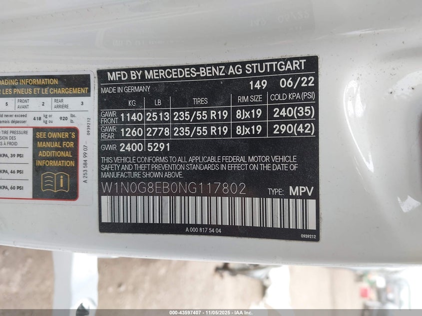 2022 Mercedes-Benz Glc 300 4Matic Suv VIN: W1N0G8EB0NG117802 Lot: 43597407