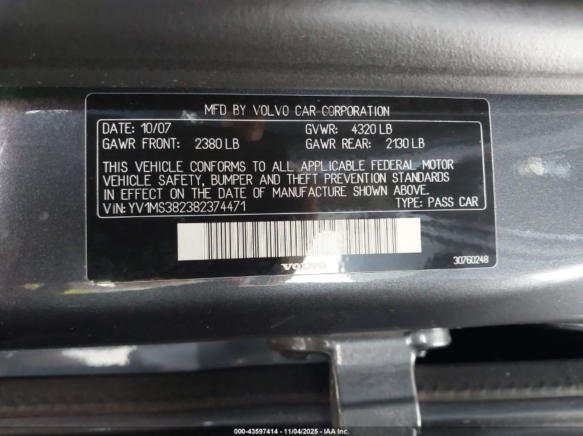 2008 Volvo S40 2.4I VIN: YV1MS382382374471 Lot: 43597414