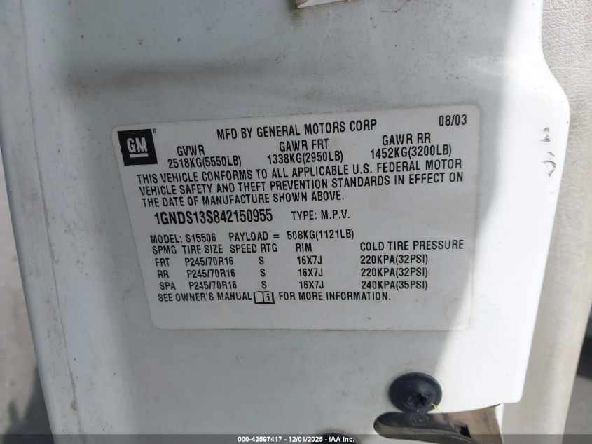 2004 Chevrolet Trailblazer Ls VIN: 1GNDS13S842150955 Lot: 43597417