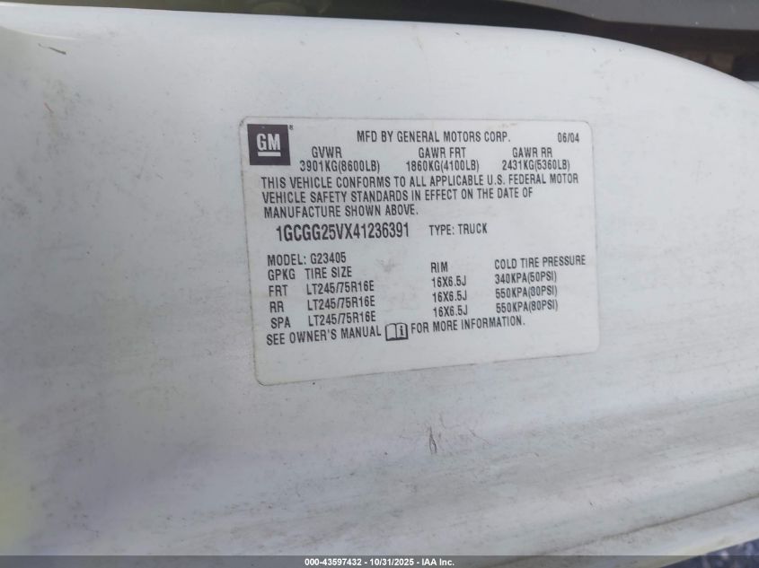 2004 Chevrolet Express VIN: 1GCGG25VX41236391 Lot: 43597432