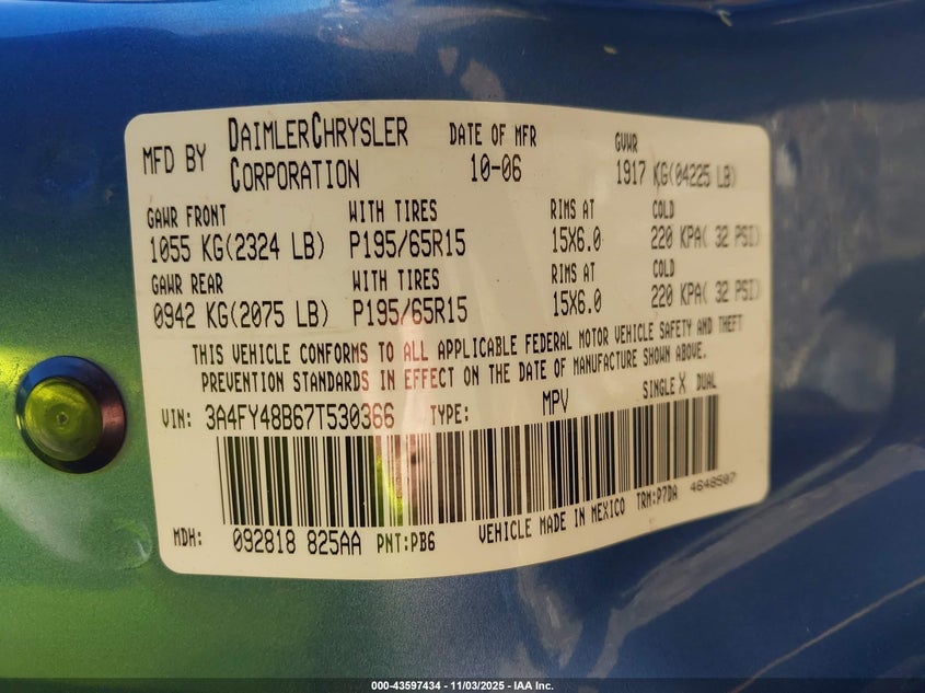 2007 Chrysler Pt Cruiser VIN: 3A4FY48B67T530366 Lot: 43597434