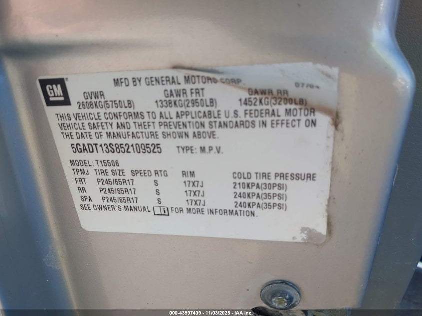 2005 Buick Rainier Cxl VIN: 5GADT13S852109525 Lot: 43597439