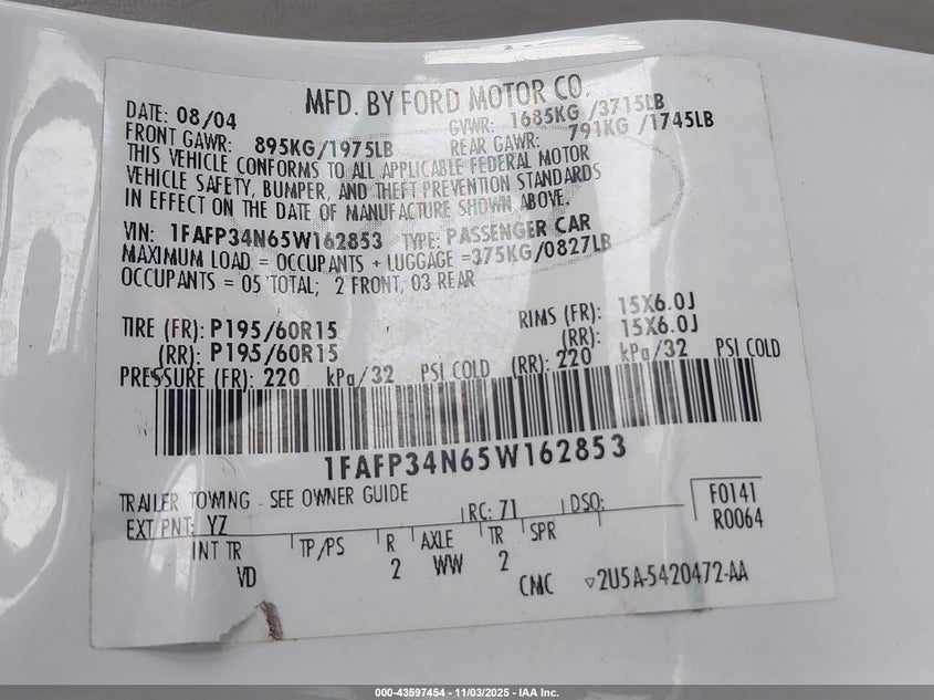 2005 Ford Focus Zx4 VIN: 1FAFP34N65W162853 Lot: 43597454