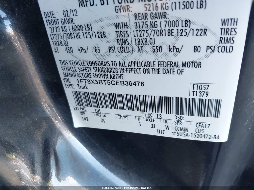 2012 Ford F-350 Xlt VIN: 1FT8X3BT5CEB36476 Lot: 43597458