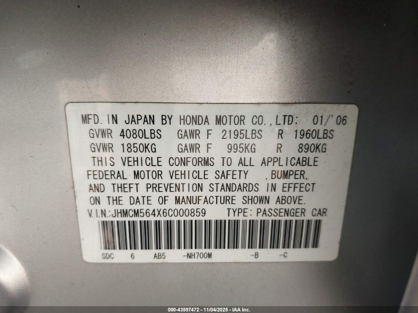 2006 Honda Accord 2.4 Lx VIN: JHMCM564X6C000859 Lot: 43597472