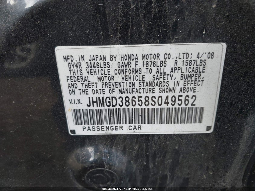 JHMGD38658S049562 2008 HONDA FIT photo no. 9