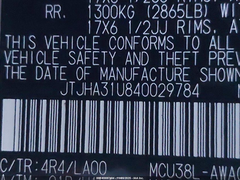 2004 Lexus Rx 330 VIN: JTJHA31U840029784 Lot: 43597484