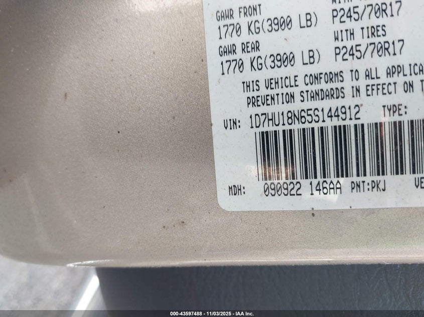 2005 Dodge Ram 1500 Slt/Laramie VIN: 1D7HU18N65S144912 Lot: 43597488