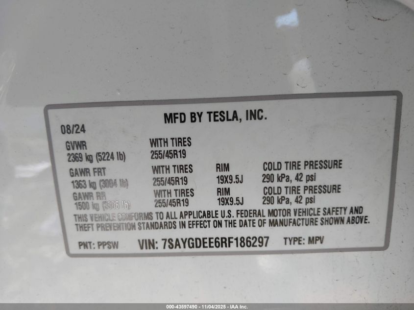 2024 Tesla Model Y Long Range Dual Motor All-Wheel Drive VIN: 7SAYGDEE6RF186297 Lot: 43597490