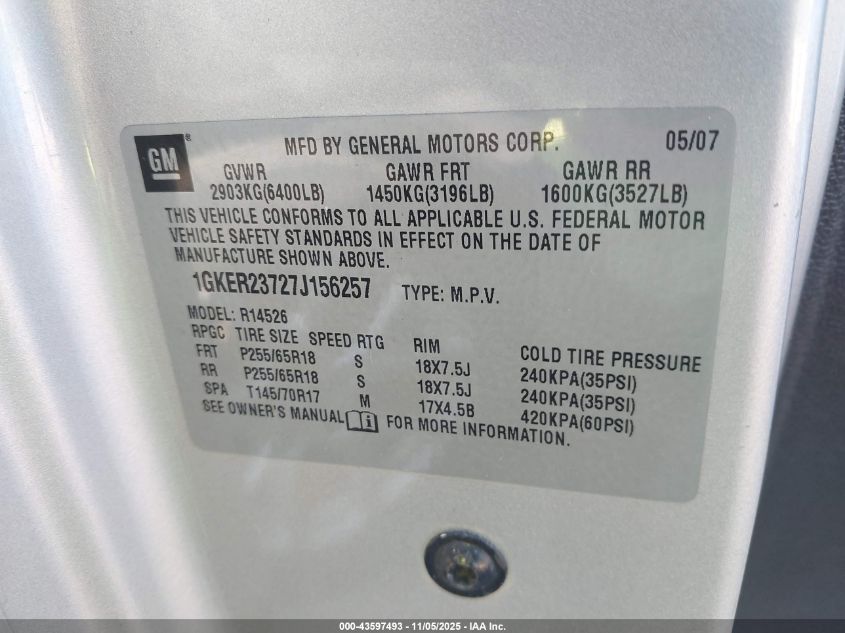 2007 GMC Acadia Slt-1 VIN: 1GKER23727J156257 Lot: 43597493