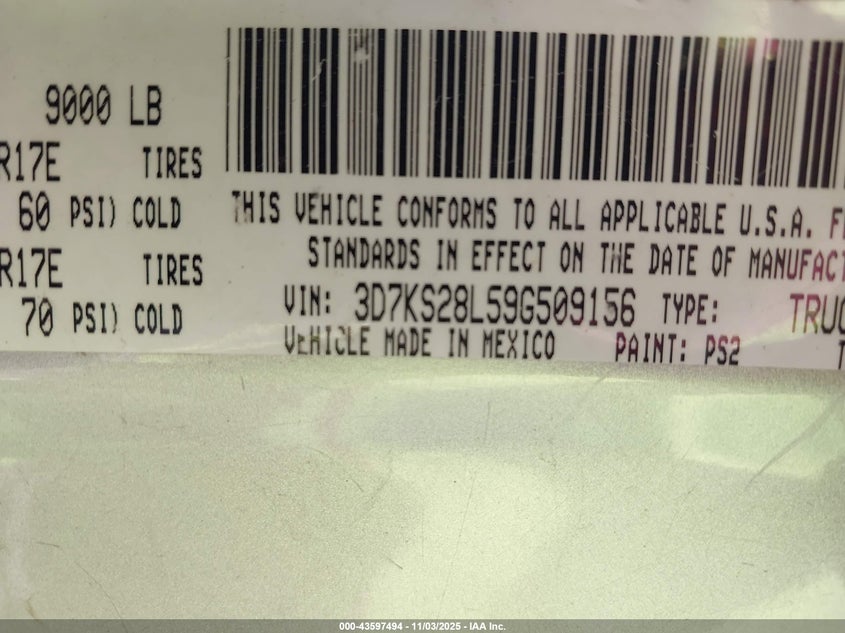 2009 Dodge Ram 2500 Slt VIN: 3D7KS28L59G509156 Lot: 43597494