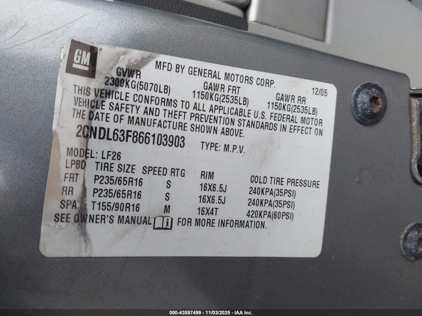 2006 Chevrolet Equinox Lt VIN: 2CNDL63F866103903 Lot: 43597499