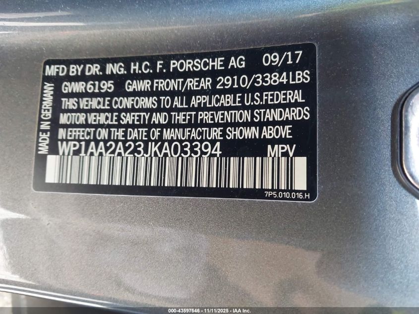 2018 Porsche Cayenne VIN: WP1AA2A23JKA03394 Lot: 43597546