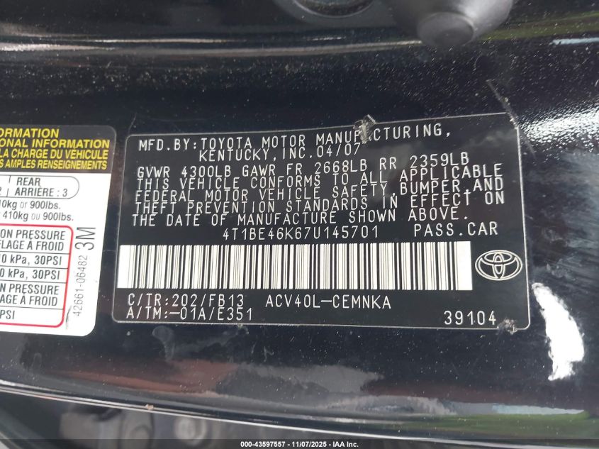 2007 Toyota Camry Ce VIN: 4T1BE46K67U145701 Lot: 43597557