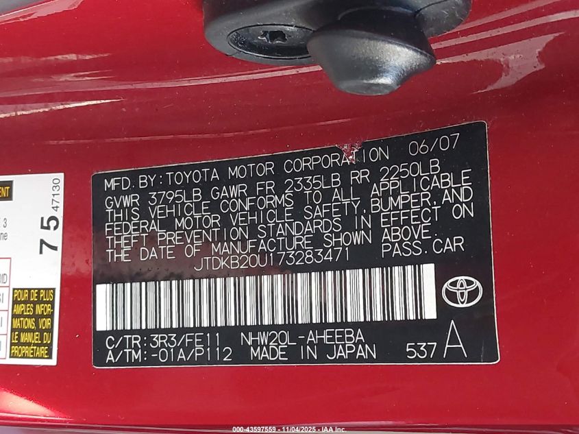 2007 Toyota Prius VIN: JTDKB20U173283471 Lot: 43597559