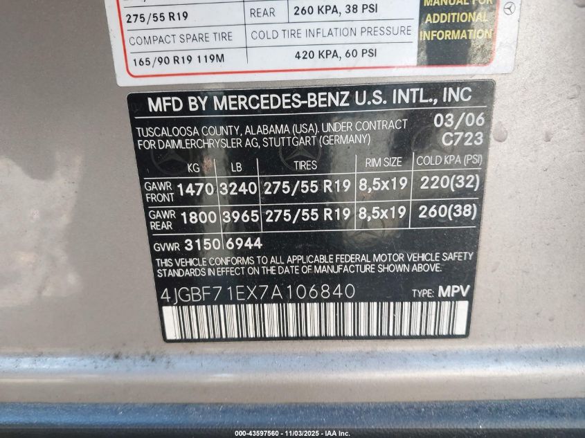 2007 Mercedes-Benz Gl 450 4Matic VIN: 4JGBF71EX7A106840 Lot: 43597560