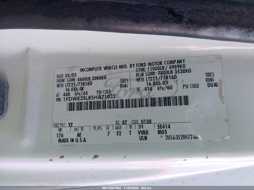 2005 Ford E-350 Cutaway Standard VIN: 1FDWE35L85HA71032 Lot: 43597562