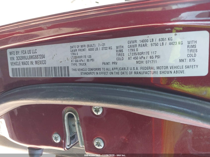 2021 Ram 3500 Laramie 4X4 8' Box VIN: 3C63RRJL6MG687204 Lot: 43597563