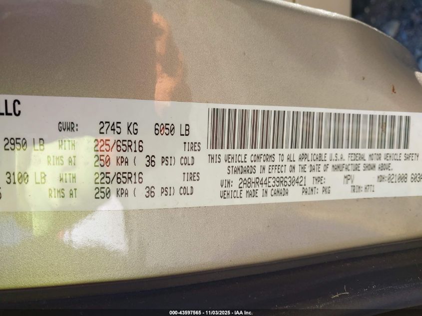 2009 Chrysler Town & Country Lx VIN: 2A8HR44E39R630421 Lot: 43597565