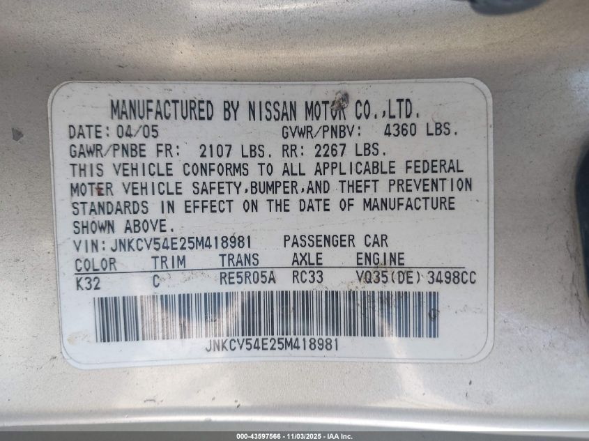 2005 Infiniti G35 VIN: JNKCV54E25M418981 Lot: 43597566