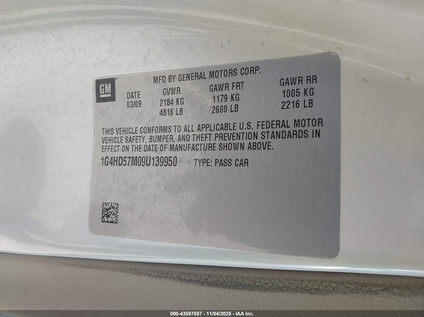 2009 Buick Lucerne Cxl Special Edition VIN: 1G4HD57M09U139950 Lot: 43597587