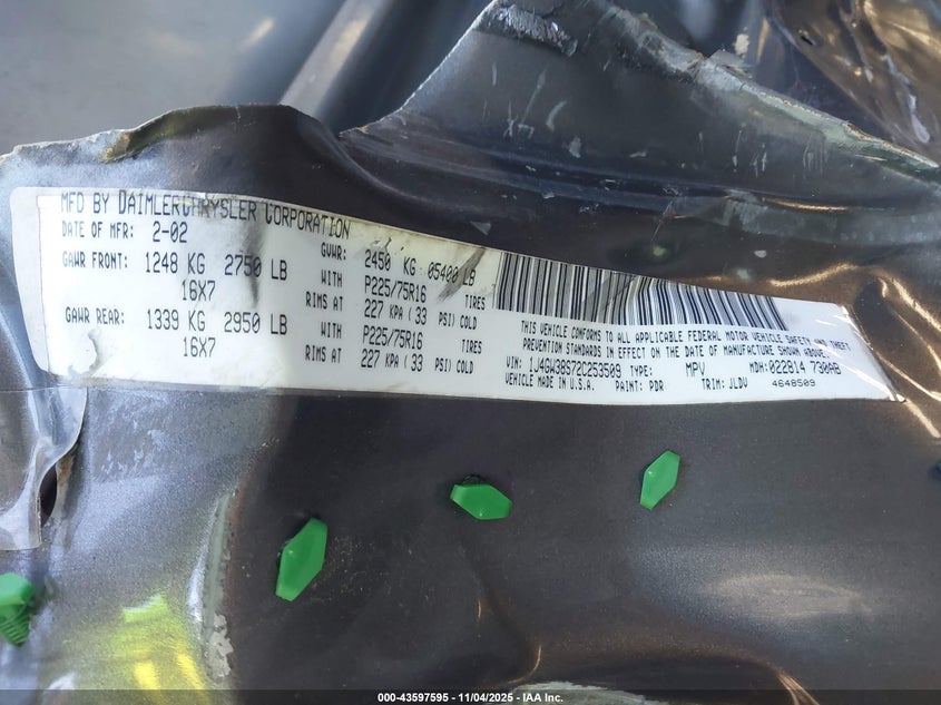 2002 Jeep Grand Cherokee Sport VIN: 1J4GW38S72C253509 Lot: 43597595