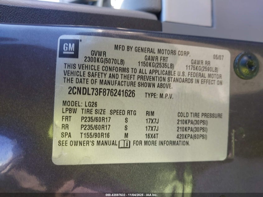 2007 Chevrolet Equinox Lt VIN: 2CNDL73F876241626 Lot: 43597633