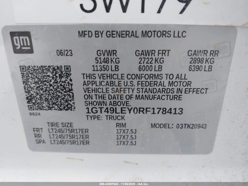 2024 GMC Sierra 2500Hd 4Wd Long Bed Pro VIN: 1GT49LEY0RF178413 Lot: 43597645