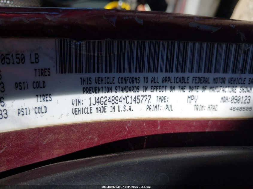 2000 Jeep Grand Cherokee Laredo VIN: 1J4G248S4YC145777 Lot: 43597649