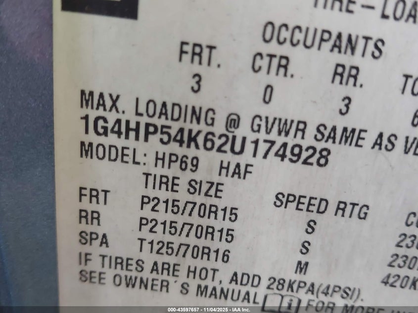 2002 Buick Lesabre Custom VIN: 1G4HP54K62U174928 Lot: 43597657