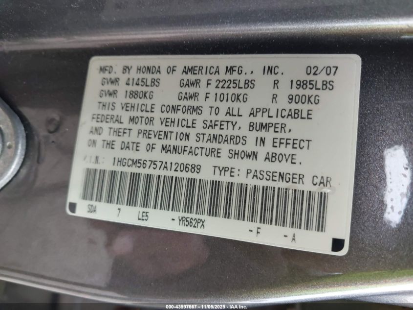 2007 Honda Accord 2.4 Ex VIN: 1HGCM56757A120689 Lot: 43597667