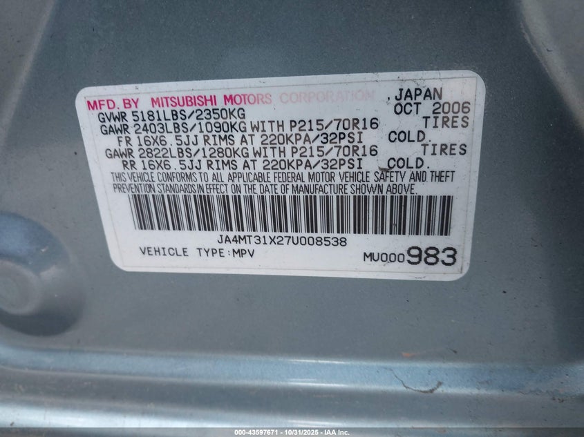 2007 Mitsubishi Outlander Ls VIN: JA4MT31X27U008538 Lot: 43597671