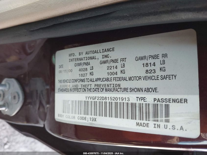 2001 Mazda 626 Es V6/Lx V6 VIN: 1YVGF22D815201913 Lot: 43597675