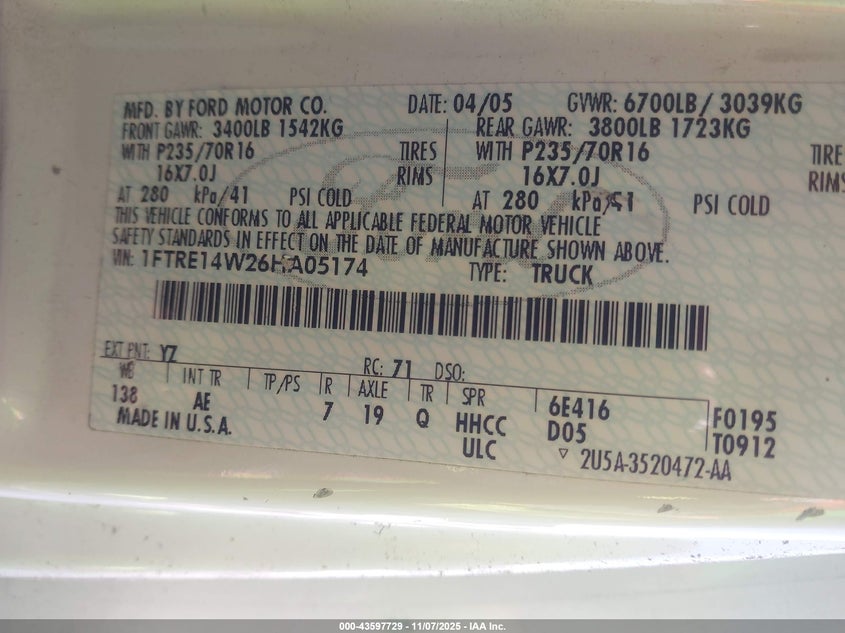 2006 Ford E-150 Commercial/Recreational VIN: 1FTRE14W26HA05174 Lot: 43597729