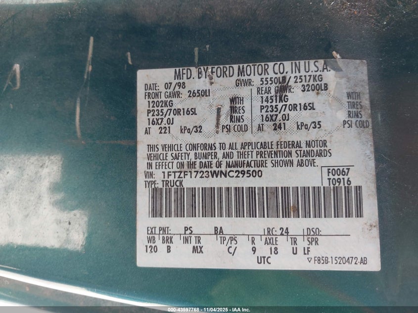 1998 Ford F150 VIN: 1FTZF1723WNC29500 Lot: 43597768