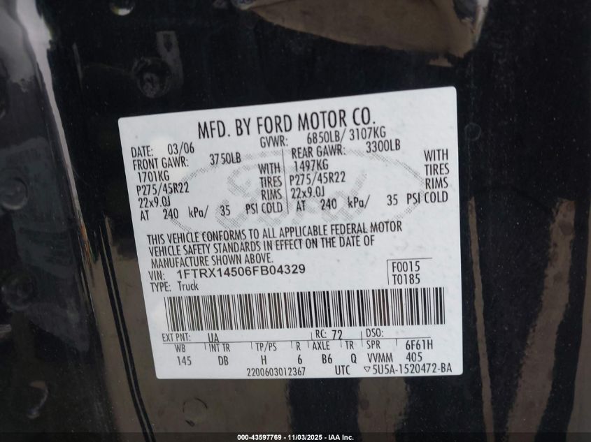 2006 Ford F-150 Fx4/Lariat/Xl/Xlt VIN: 1FTRX14506FB04329 Lot: 43597769