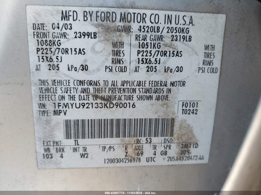 2003 Ford Escape Xls VIN: 1FMYU92133KD90016 Lot: 43597770