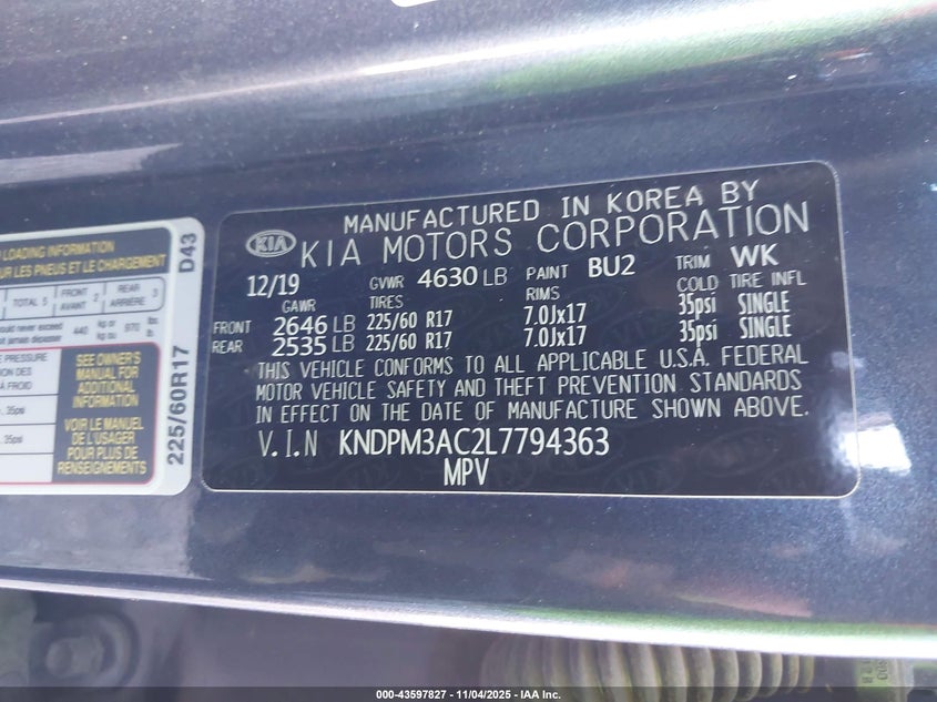 2020 KIA SPORTAGE LX KNDPM3AC2L7794363