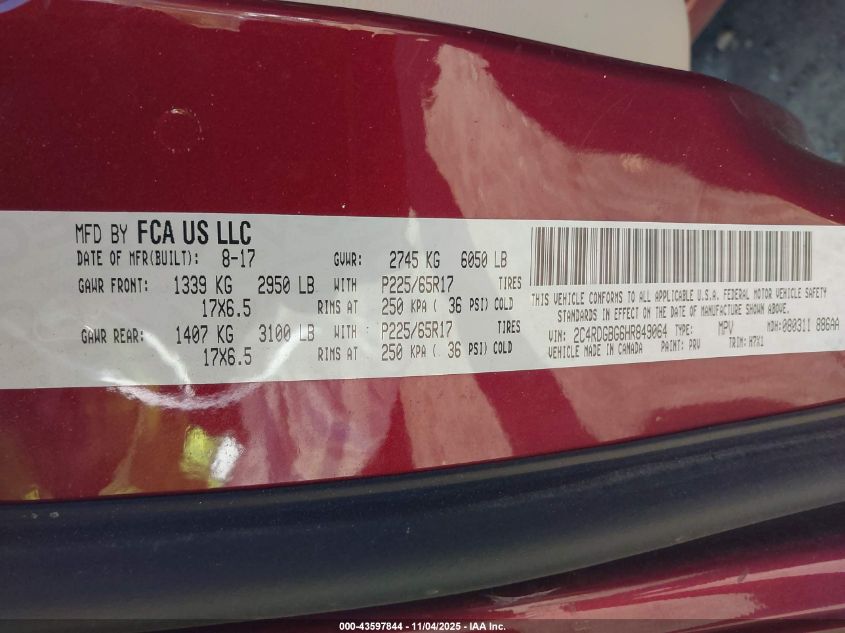 2017 Dodge Grand Caravan Se VIN: 2C4RDGBG6HR849064 Lot: 43597844