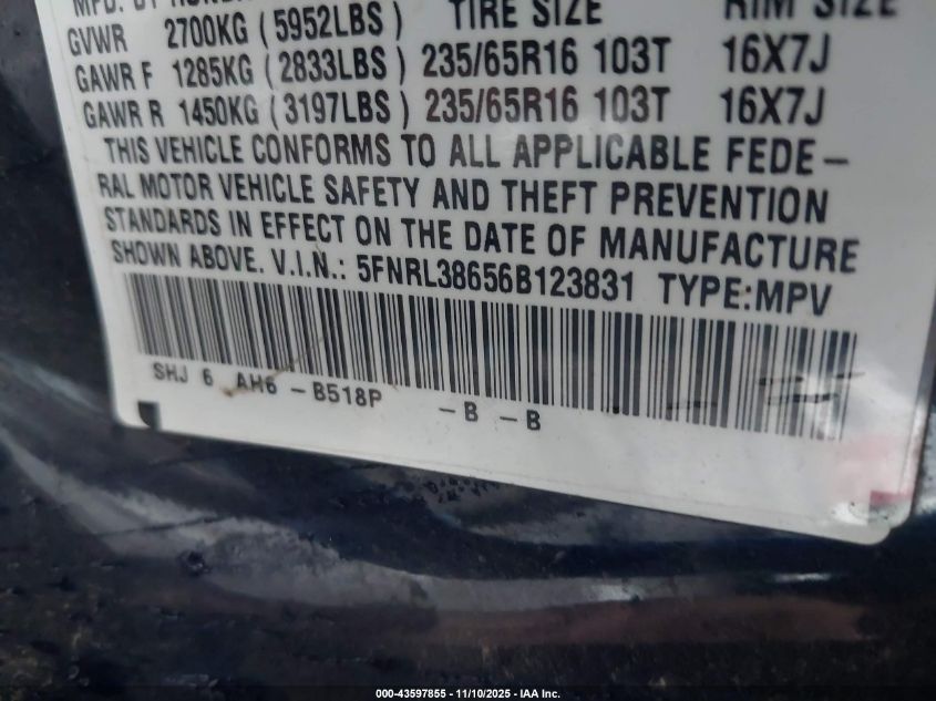 2006 Honda Odyssey Ex-L VIN: 5FNRL38656B123831 Lot: 43597855