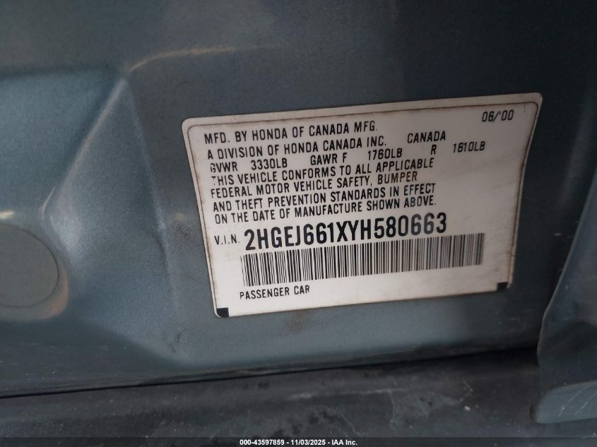 2000 Honda Civic Value Package VIN: 2HGEJ661XYH580663 Lot: 43597859