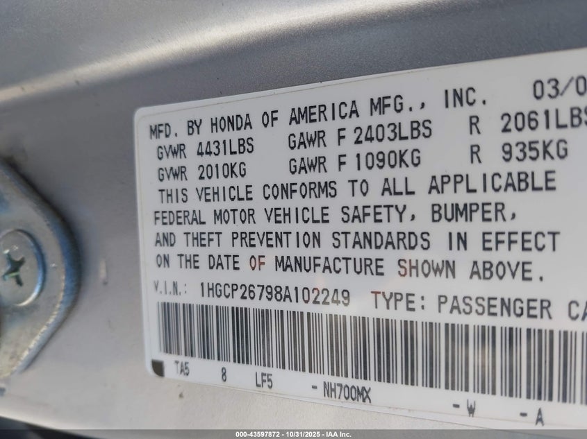 1HGCP26798A102249 2008 HONDA ACCORD photo no. 9