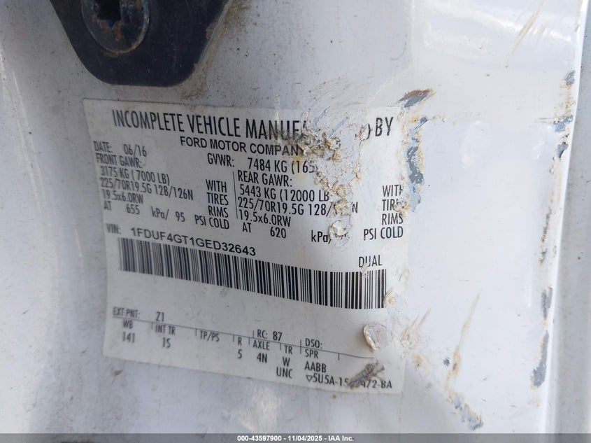 2016 Ford F-450 Chassis Xl VIN: 1FDUF4GT1GED32643 Lot: 43597900