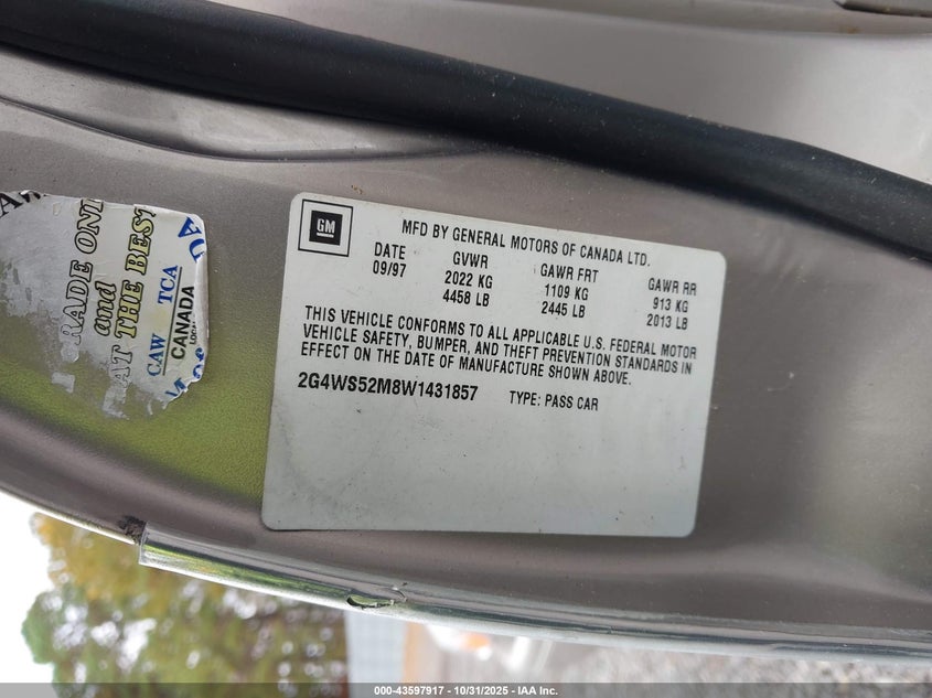 2G4WS52M8W1431857 1998 BUICK CENTURY photo no. 9