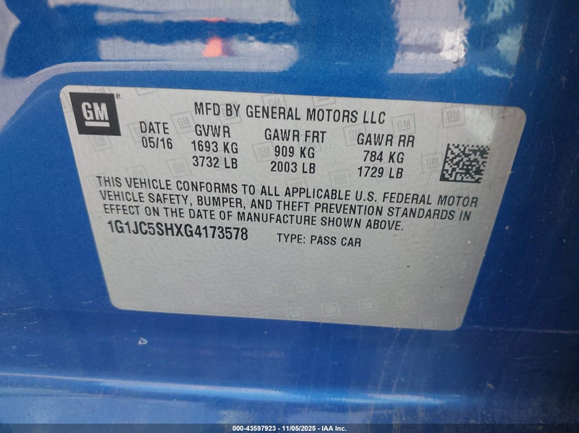 2016 CHEVROLET SONIC LT AUTO 1G1JC5SHXG4173578