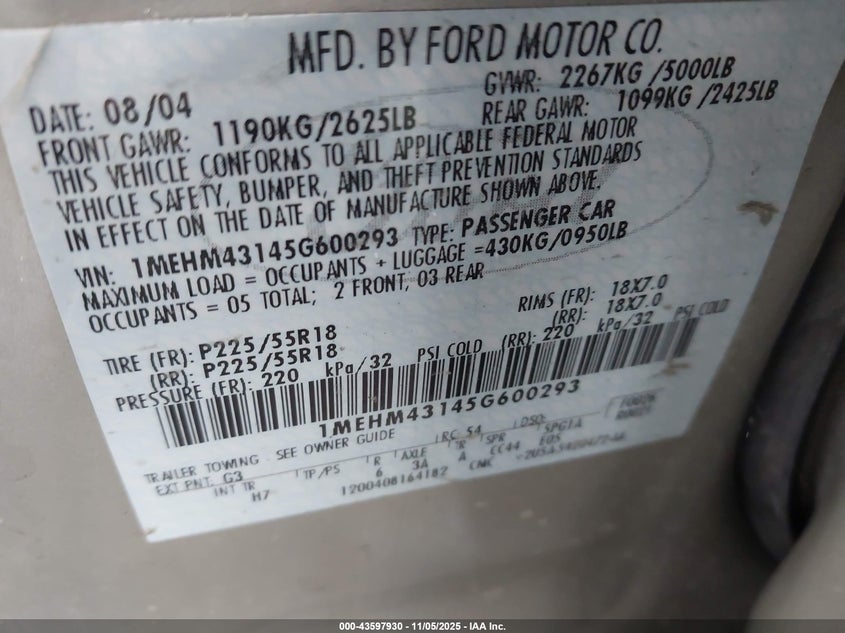 2005 Mercury Montego Premier VIN: 1MEHM43145G600293 Lot: 43597930